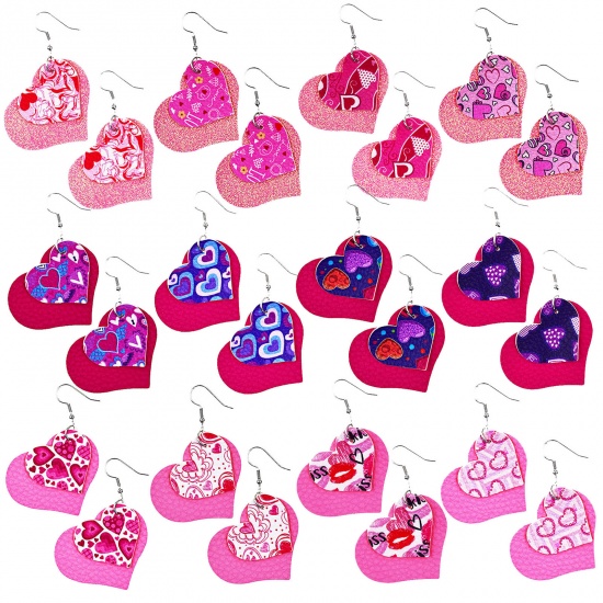 Picture of PU Leather Valentine's Day Pendants Heart Peach Pink Glitter 45mm x 40mm, 5 PCs