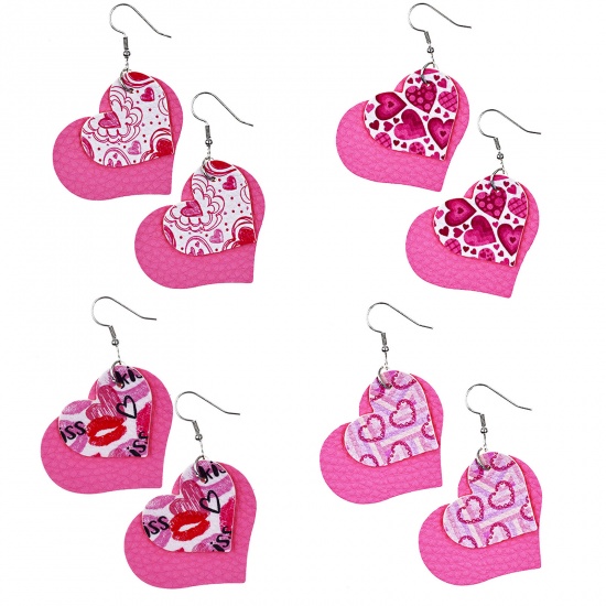 Picture of PU Leather Valentine's Day Pendants Heart Pink 45mm x 40mm, 5 PCs