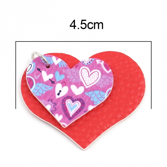 Picture of PU Leather Valentine's Day Pendants Heart Dark Red Wing 45mm x 40mm, 5 PCs