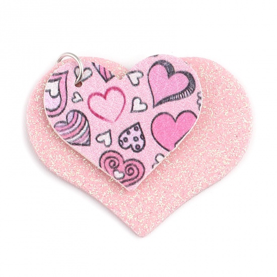 Picture of PU Leather Valentine's Day Pendants Heart Peach Pink Glitter 45mm x 40mm, 5 PCs