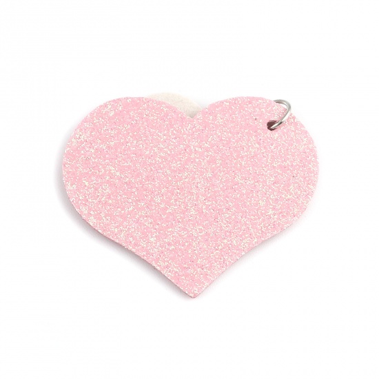 Изображение PU День святого Валентина Подвески Сердце Персик-Розовый С Блестками 45мм x 40мм, 5 ШТ