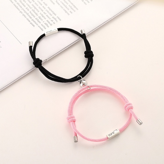 Picture of Polyester Braiding Braided Bracelets Accessories Findings Distance Antique Silver Color Black & Pink Rectangle Message " LOVE " Magnetic 28cm(11") long, 1 Set ( 2 PCs/Set)