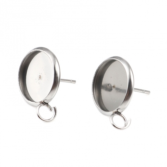 Picture of 304 Stainless Steel Cabochon Settings Ear Post Stud Earrings Round Silver Tone W/ Loop (Fits 12mm Dia.) 18mm x 14mm, Post/ Wire Size: (21 gauge), 10 PCs