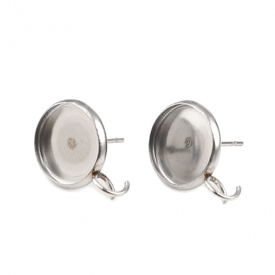 Picture of 304 Stainless Steel Cabochon Settings Ear Post Stud Earrings Round Silver Tone W/ Loop (Fits 10mm Dia.) 16mm x 12mm, Post/ Wire Size: (21 gauge), 10 PCs