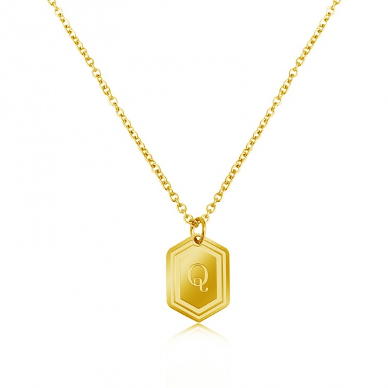 Picture of Stainless Steel Necklace Gold Plated Hexagon Initial Alphabet/ Capital Letter Message " Q " Blank Stamping Tags 55cm(21 5/8") long, 1 Piece