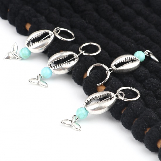 Picture of Zinc Based Alloy Knitting Stitch Markers Fishtail Antique Silver Color Green Blue Shell 44mm x 12mm, 10 PCs