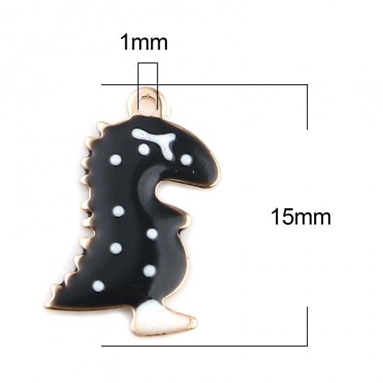 Imagen de Latón Lentejuelas Esmaltadas Colgantes Charms Chapado en Oro Negro Dinosaurio Doble Cara 15mm x 9mm, 5 Unidades