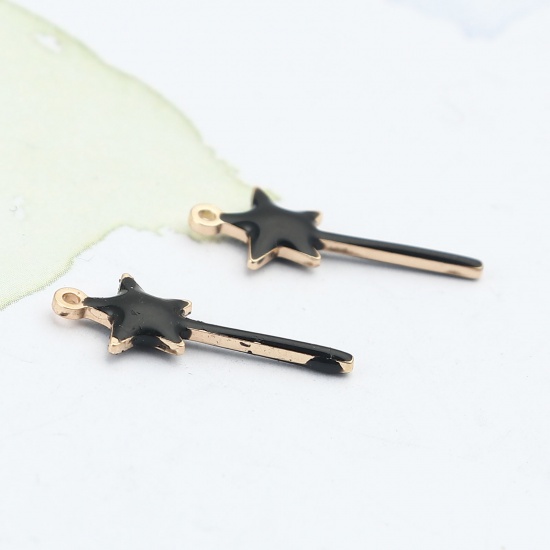 Picture of Brass Enamelled Sequins Charms Gold Plated Black Star Double Sided 20mm x 8mm, 10 PCs                                                                                                                                                                         