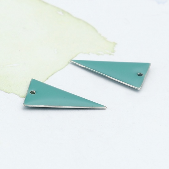 Picture of Brass Enamelled Sequins Charms Silver Tone Lake Blue Triangle Double Sided 22mm x 13mm, 10 PCs                                                                                                                                                                