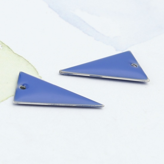 Picture of Brass Enamelled Sequins Charms Silver Tone Royal Blue Triangle Double Sided 22mm x 13mm, 10 PCs                                                                                                                                                               