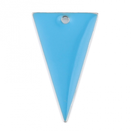 Picture of Brass Enamelled Sequins Charms Silver Tone Blue Triangle Double Sided 22mm x 13mm, 10 PCs                                                                                                                                                                     