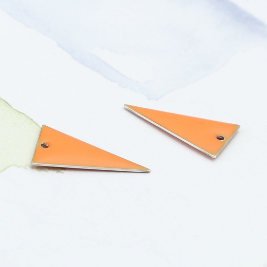 Picture of Brass Enamelled Sequins Charms Silver Tone Orange Triangle Double Sided 22mm x 13mm, 10 PCs                                                                                                                                                                   