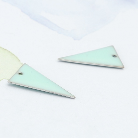 Picture of Brass Enamelled Sequins Charms Silver Tone Mint Green Triangle Double Sided 22mm x 13mm, 10 PCs                                                                                                                                                               
