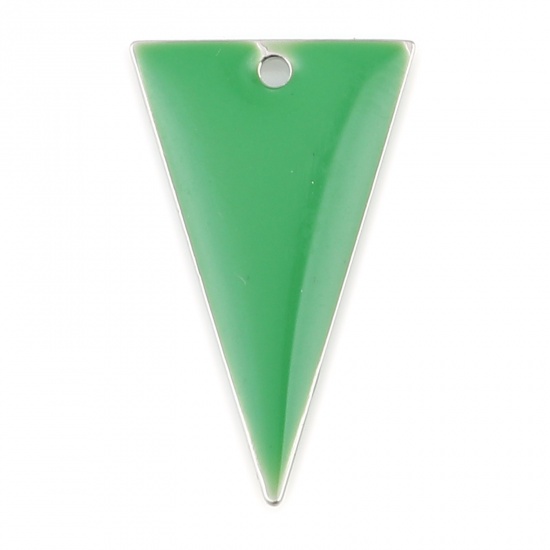 Picture of Brass Enamelled Sequins Charms Silver Tone Grass Green Triangle Double Sided 22mm x 13mm, 10 PCs                                                                                                                                                              