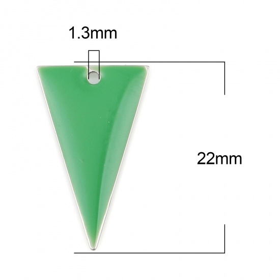 Picture of Brass Enamelled Sequins Charms Silver Tone Grass Green Triangle Double Sided 22mm x 13mm, 10 PCs                                                                                                                                                              