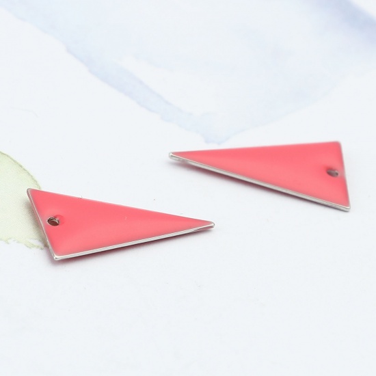 Picture of Brass Enamelled Sequins Charms Silver Tone Hot Pink Triangle Double Sided 22mm x 13mm, 10 PCs                                                                                                                                                                 