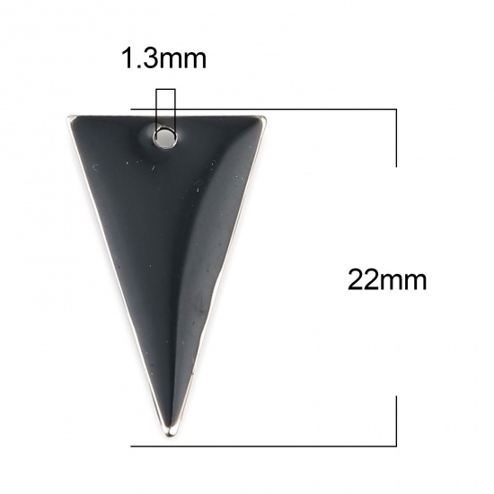 Picture of Brass Enamelled Sequins Charms Silver Tone Black Triangle Double Sided 22mm x 13mm, 10 PCs                                                                                                                                                                    