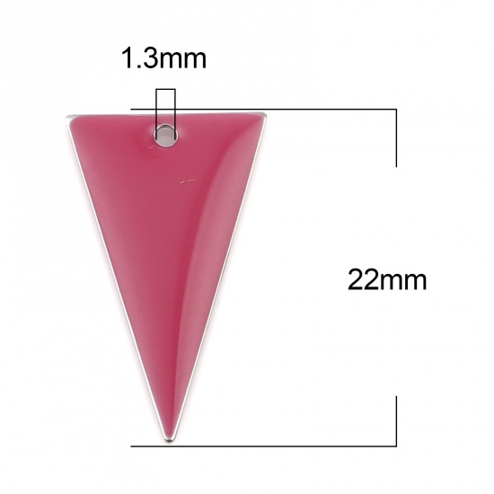 Picture of Brass Enamelled Sequins Charms Silver Tone Fuchsia Triangle Double Sided 22mm x 13mm, 10 PCs                                                                                                                                                                  
