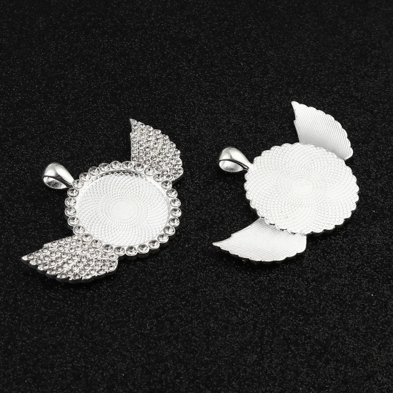 Picture of Zinc Based Alloy Cabochon Settings Pendants Round Silver Plated Wing (Fits 25mm Dia.) Clear Rhinestone 60mm x 40mm, 2 PCs