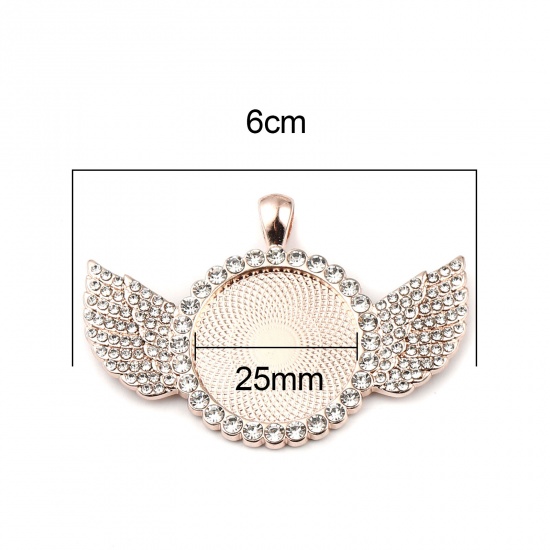 Picture of Zinc Based Alloy Cabochon Settings Pendants Round Rose Gold Wing (Fits 25mm Dia.) Clear Rhinestone 60mm x 40mm, 2 PCs