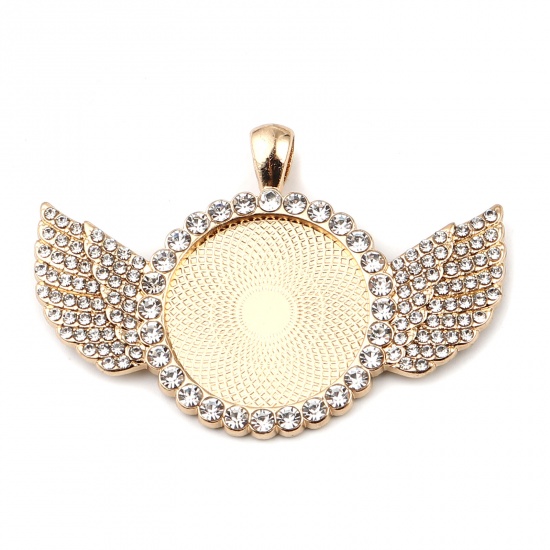 Picture of Zinc Based Alloy Cabochon Settings Pendants Round KC Gold Plated Wing (Fits 25mm Dia.) Clear Rhinestone 60mm x 40mm, 2 PCs