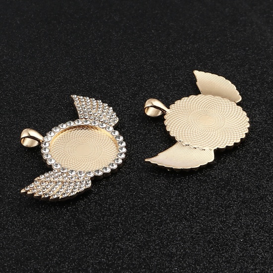 Picture of Zinc Based Alloy Cabochon Settings Pendants Round KC Gold Plated Wing (Fits 25mm Dia.) Clear Rhinestone 60mm x 40mm, 2 PCs