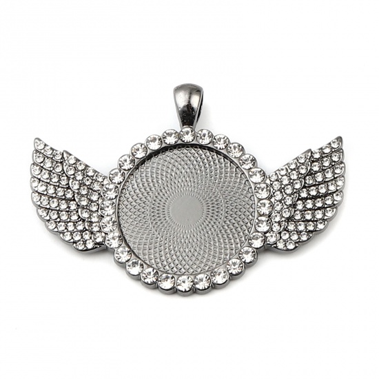 Picture of Zinc Based Alloy Cabochon Settings Pendants Round Gunmetal Wing (Fits 25mm Dia.) Clear Rhinestone 60mm x 40mm, 2 PCs