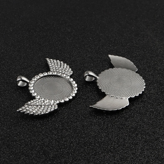 Picture of Zinc Based Alloy Cabochon Settings Pendants Round Gunmetal Wing (Fits 25mm Dia.) Clear Rhinestone 60mm x 40mm, 2 PCs