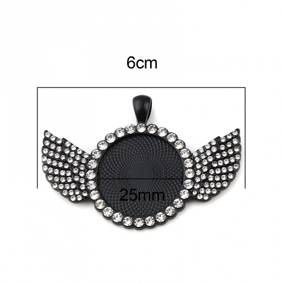 Picture of Zinc Based Alloy Cabochon Settings Pendants Round Black Wing (Fits 25mm Dia.) Clear Rhinestone 60mm x 40mm, 2 PCs