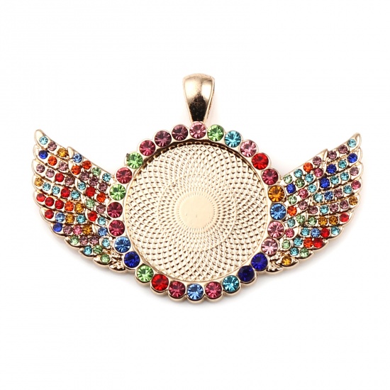 Picture of Zinc Based Alloy Cabochon Settings Pendants Round KC Gold Plated Wing (Fits 25mm Dia.) Multicolor Rhinestone 60mm x 40mm, 2 PCs