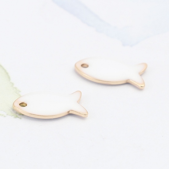 Picture of Brass Enamelled Sequins Charms Gold Plated White Fish Animal 14mm x 8mm, 10 PCs                                                                                                                                                                               