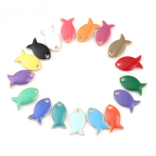 Picture of Brass Enamelled Sequins Charms Gold Plated White Fish Animal 14mm x 8mm, 10 PCs                                                                                                                                                                               
