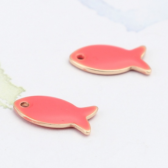 Picture of Brass Enamelled Sequins Charms Gold Plated Peach Pink Fish Animal 14mm x 8mm, 10 PCs                                                                                                                                                                          