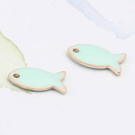 Picture of Brass Enamelled Sequins Charms Gold Plated Mint Green Fish Animal 14mm x 8mm, 10 PCs                                                                                                                                                                          
