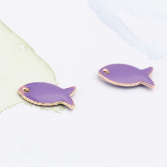 Picture of Brass Enamelled Sequins Charms Gold Plated Blue Violet Fish Animal 14mm x 8mm, 10 PCs                                                                                                                                                                         