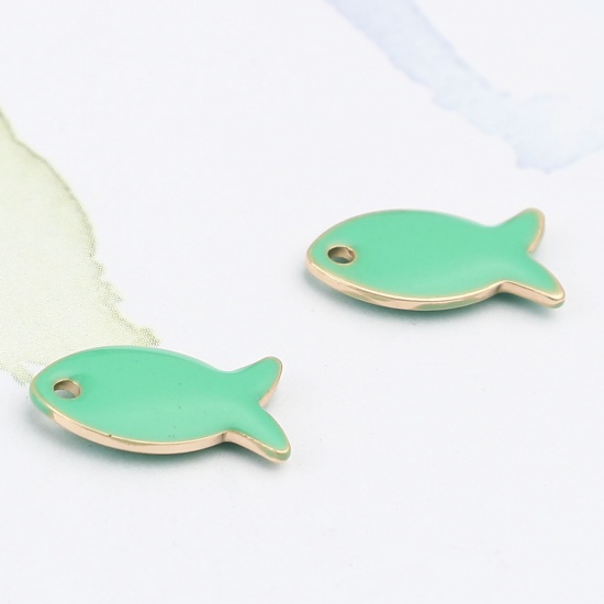 Picture of Brass Enamelled Sequins Charms Gold Plated Light Green Fish Animal 14mm x 8mm, 10 PCs                                                                                                                                                                         