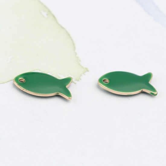 Picture of Brass Enamelled Sequins Charms Gold Plated Dark Green Fish Animal 14mm x 8mm, 10 PCs                                                                                                                                                                          