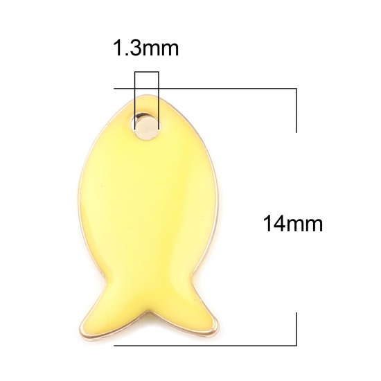 Picture of Brass Enamelled Sequins Charms Gold Plated Lemon Yellow Fish Animal 14mm x 8mm, 10 PCs                                                                                                                                                                        