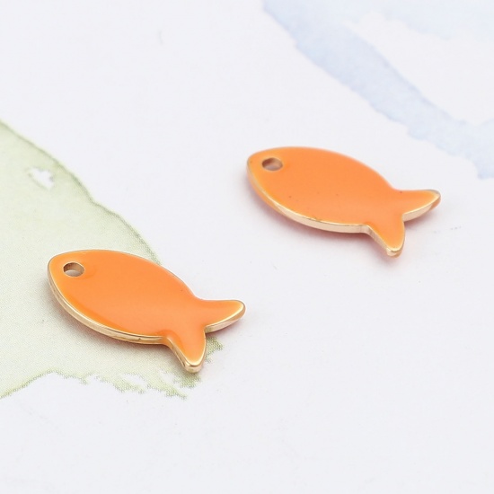 Изображение Латунь Эмалированные Блестки Подвески Позолоченный Оранжевый Рыба 14мм x 8мм, 10 ШТ                                                                                                                                                                           