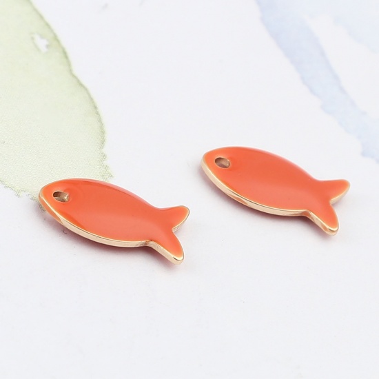 Изображение Латунь Эмалированные Блестки Подвески Позолоченный Оранжево-красный Рыба 14мм x 8мм, 10 ШТ                                                                                                                                                                    