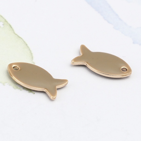 Picture of Brass Enamelled Sequins Charms Gold Plated Light Coffee Fish Animal 14mm x 8mm, 10 PCs                                                                                                                                                                        