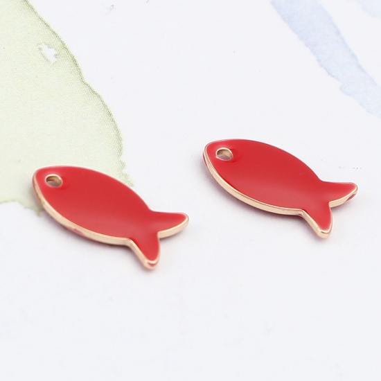 Picture of Brass Enamelled Sequins Charms Gold Plated Red Fish Animal 14mm x 8mm, 10 PCs                                                                                                                                                                                 
