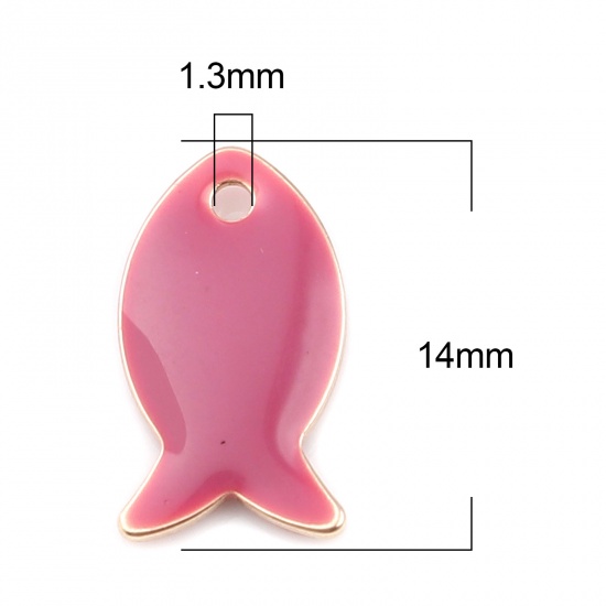 Picture of Brass Enamelled Sequins Charms Gold Plated Light Fuchsia Fish Animal 14mm x 8mm, 10 PCs                                                                                                                                                                       