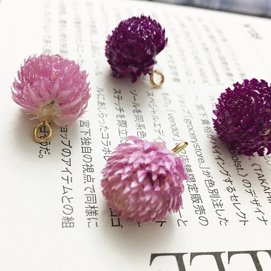 Picture of Zinc Based Alloy Handmade Resin Jewelry Real Flower Pendants Gold Plated Pink 3cm - 0.8cm, 2 PCs
