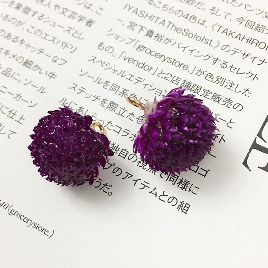 Picture of Zinc Based Alloy Handmade Resin Jewelry Real Flower Pendants Gold Plated Purple 3cm - 0.8cm, 2 PCs