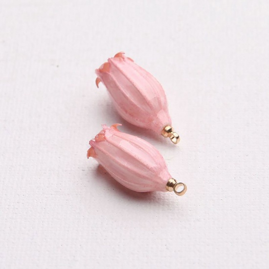 Picture of Zinc Based Alloy Handmade Resin Jewelry Real Flower Pendants KC Gold Plated Pink 20mm - 7mm, 2 PCs