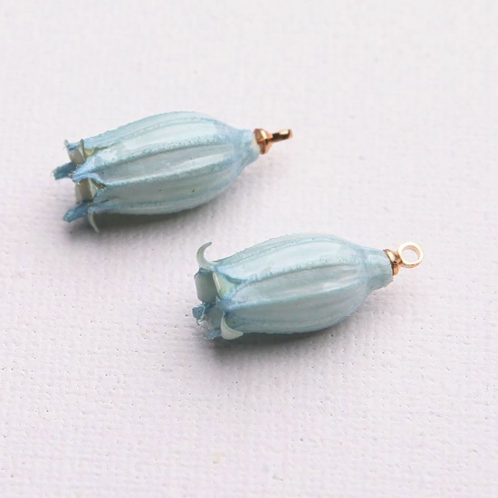 Picture of Zinc Based Alloy Handmade Resin Jewelry Real Flower Pendants KC Gold Plated Light Blue 20mm - 7mm, 2 PCs