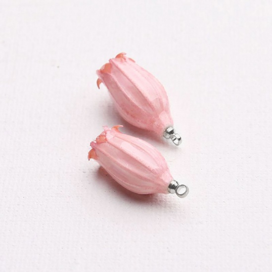 Picture of Zinc Based Alloy Handmade Resin Jewelry Real Flower Pendants Pink 20mm - 7mm, 2 PCs