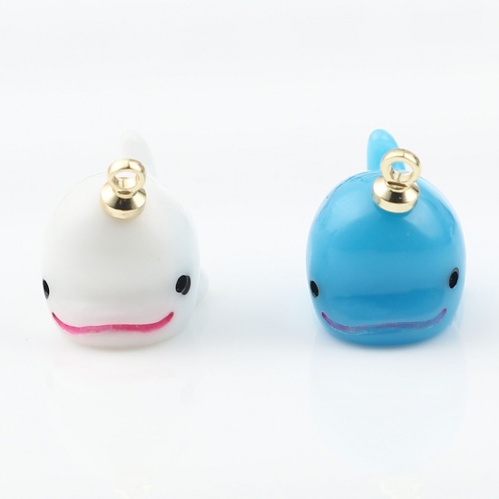 Picture of Resin Ocean Jewelry Charms Whale Animal Gold Plated Blue 17mm x 12mm, 10 PCs