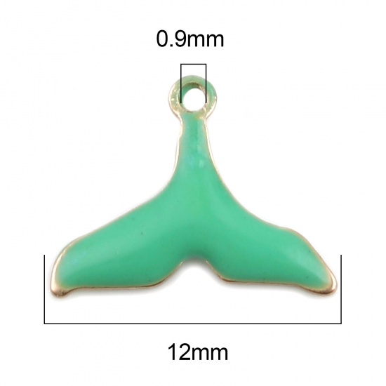 Picture of Brass Enamelled Sequins Charms Gold Plated Light Green Fishtail 12mm x 9mm, 10 PCs                                                                                                                                                                            